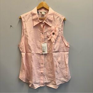 NWT Edward Woman 2X Linen Button Shirt Top Pink Flower appliqué beaded